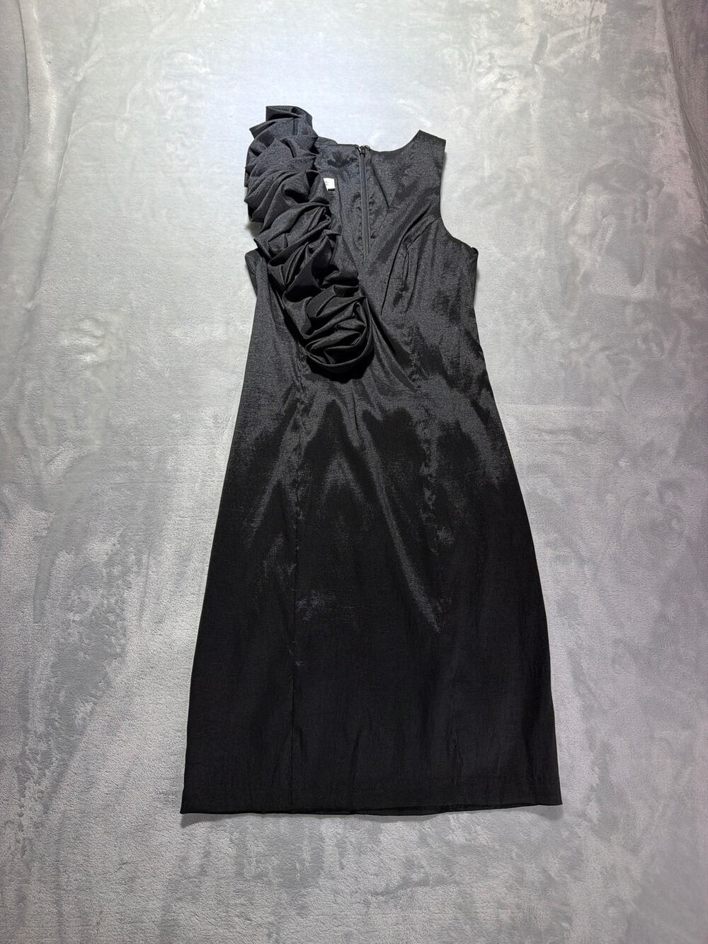 Caché Dress Black Rosette Ruffle Shoulder Shimmer Cocktail Party Bodycon